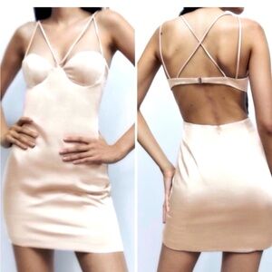 Zara Champagne Colored Satin Strapy Mini Dress Xs
